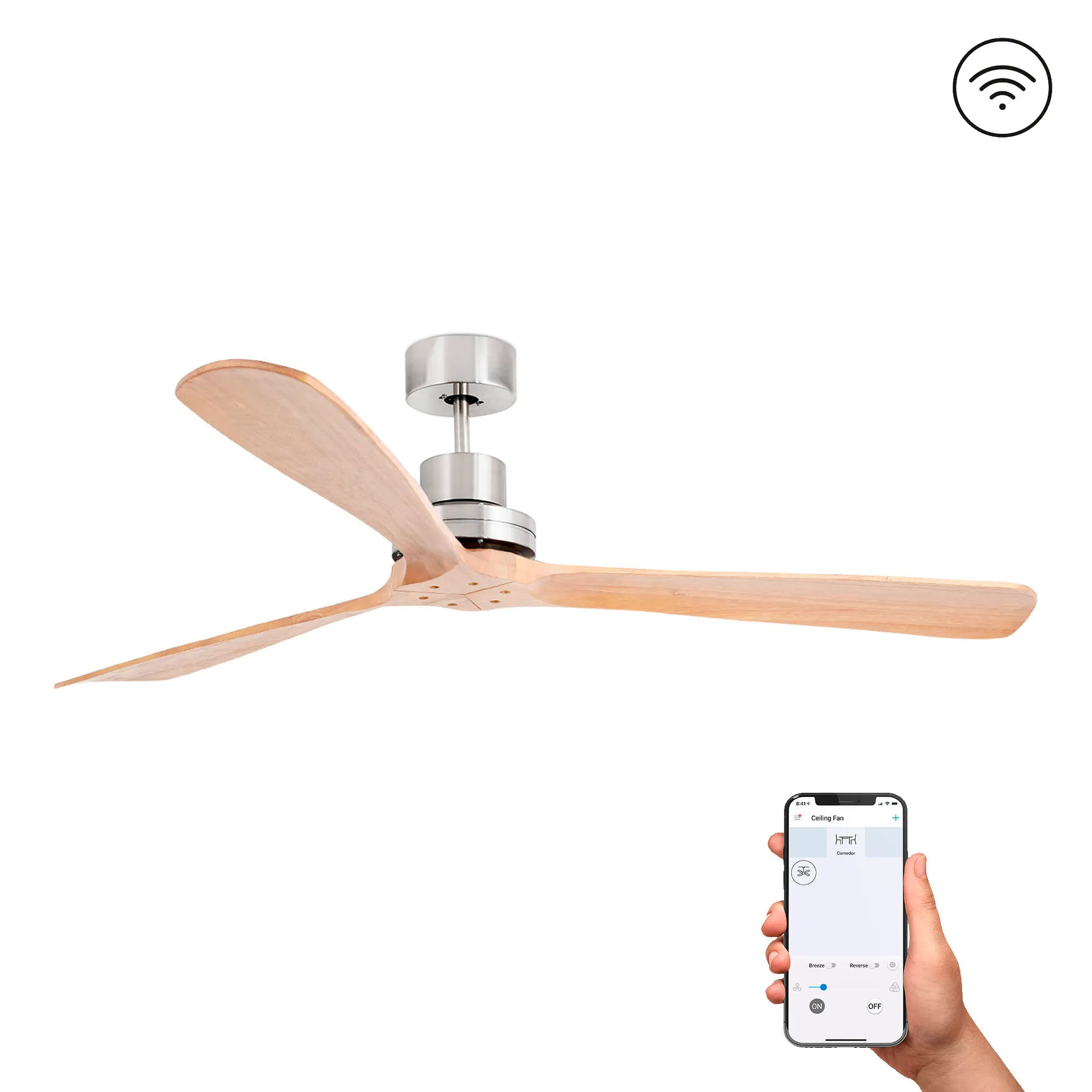 LANTAU XL Matt nickel/pine ceiling fan with DC motor SMART
